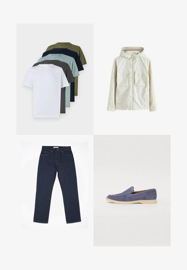 Gaiši bežs ar kapuci, ar divām priekšējām kabatām, teksturētu audumu un elastīgām aprocēm, kas nodrošina ciešu piegulšanu.; Seši īsas piedurknes kreklu t-krekli ar apaļu kakla izgriezumu baltā, tumši pelēkā, gaiši zilā, jūras zilā, olīvzaļā un tumši zaļā krāsā, demonstrējot vienkrāsainas tonalitātes un kokvilnas tekstūru.; Tumši zili džinsi, izgatavoti no denima, ar taisnu griezumu, piecu kabatu dizainu un kontrastējošām šuvju aizšuvēm.; Zili zamšu loferi ar noapaļu purngalu, minimālu šuvju un bēša gumijas zoli. Ir izstrādāti ar vieglu uzvilkšanas dizainu.