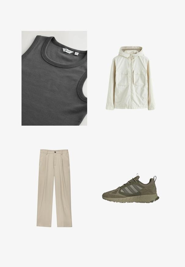 Jasnobeżowa kurtka zapinana na zamek z kapturem, posiadająca dwie przednie kieszenie, teksturowaną tkaninę oraz elastyczne mankiety dla lepszego dopasowania.; Ciemnoszara, żebrowana, bezrękawnik z okrągłym dekoltem i widoczną metką na kołnierzyku.; Beżowe spodnie o prostym kroju, z pojedynczym czarnym guzikiem, szlufkami na pasek oraz bocznymi kieszeniami. Gładka faktura materiału i minimalistyczny design.; Oliwkowy but sportowy z teksturowaną cholewką, siateczkowymi panelami i trzema białymi paskami. Zaokrąglona podeszwa z wzorem zapewniającym przyczepność.