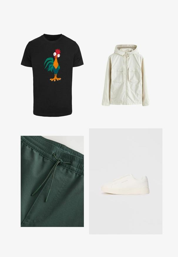 Ljusbeige zip-jacka med huva, utrustad med två framfickor, en strukturerad tygkvalitet och elastiska muddar för en åtsittande passform.; Svart t-shirt med en färgglad tecknad tuppdesign med överdrivna drag och stora ögon, som visar orange, gröna och röda accenter.; Mörkgröna sweatshorts med elastisk midja och dragsko, slät текстur och synliga sömmar. Enkel, funktionell design.; Vita slip-on sneakers med en texturerad yta, en tjock sula och minimalistisk design. Har varumärkeslogotypen på sidan.