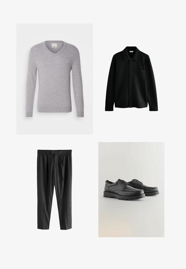 Next REGULAR FIT - DIAGONAL TEXTURE - Kevyt takki - black; Harmaa villaneule, jossa on V-pääntie ja pitkät hihat. Neuleessa on pieni brodeerattu logo rinnassa sekä ribbireunukset hihoissa ja helmassa.; Next REGULAR FIT -CHECK SMART - Chinot - black; Mustat nahkakengät, joissa on teksturoitu pinta, pyöreä kärki, nauhakiinnitys ja paksut kumipohjat, joissa on kuvio.