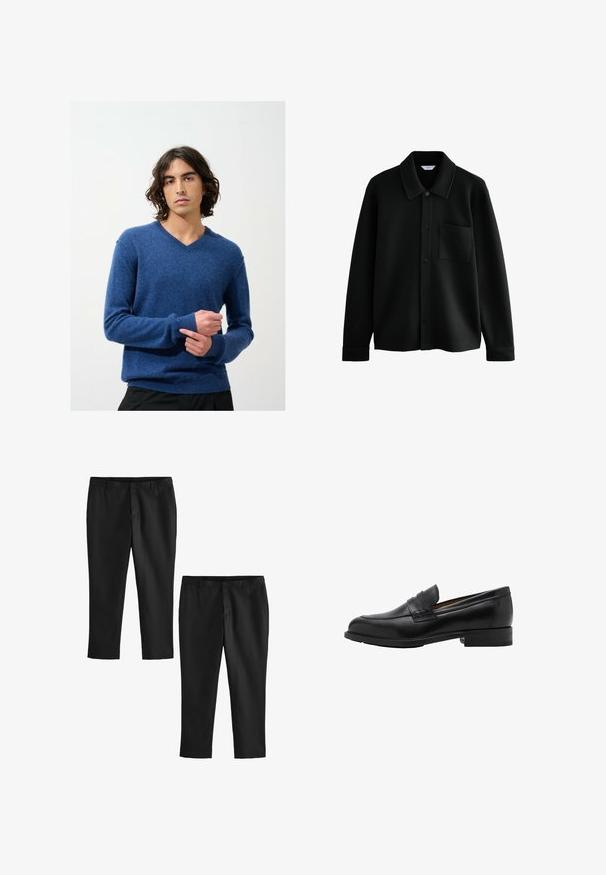 Next REGULAR FIT - DIAGONAL TEXTURE - Lehká bunda - black; Modrý svetr s V-výstřihem vyrobený z měkkého pleteného materiálu s žebrovanými manžetami a lemem; model ho nosí uvnitř před jednobarevným pozadím.; Černé střihové kalhoty s hladkým povrchem, s rovnými nohavicemi a středním pasem. Zobrazeny jsou dvě varianty, jedna zkrácená.; Černé kožené mokasíny s prošitým předním dílem a plochým podpatkem. Hladký povrch s kulatou špičkou a dekorativním páskem přes nárt.