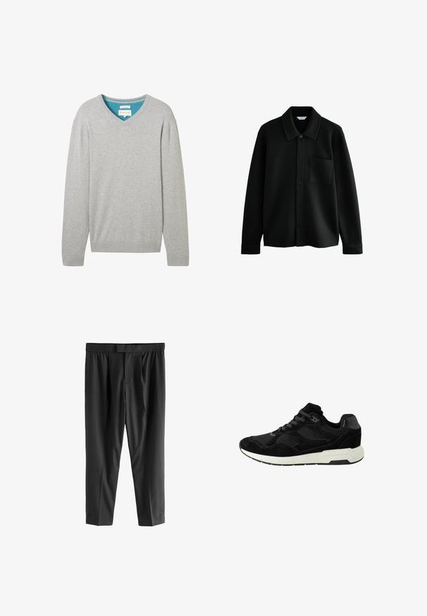 Next REGULAR FIT - DIAGONAL TEXTURE - Poletna jakna - black; Siv sveter z dolgimi rokavi in V-izrezom, izdelan iz bombaža. Ima kontrastno modro notranjost izrezovanja. Ribično pleteni manšeti in rob.; Next REGULAR FIT -CHECK SMART - Hlače chino - black; Črne atletske čevlje iz semiša in mrežastega materiala z zaobljenim prstom, zavezovanjem na vezalke in belim gumijastim podplatom z teksturiranimi detajli.