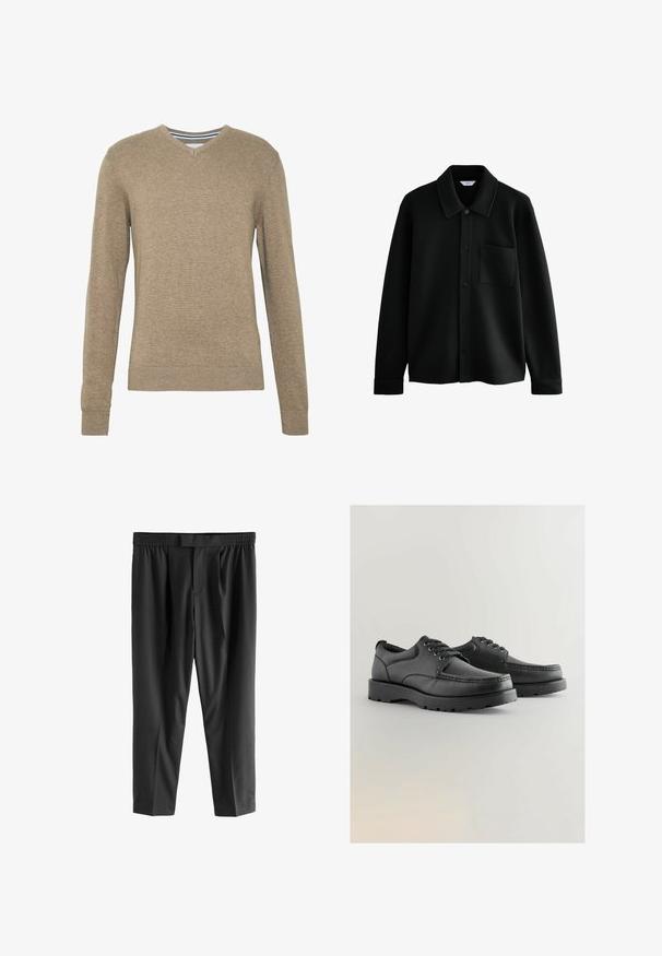 Next REGULAR FIT - DIAGONAL TEXTURE - Leichte Jacke - black; V-Ausschnitt Pullover aus weichem, hellbraunem Strickstoff, mit langen Ärmeln und gerippten Bündchen und Saum. Dezente Textur im gesamten Stoff.; Next REGULAR FIT -CHECK SMART - Chino - black; Schwarze Lederschuhe mit strukturiertem Obermaterial, runder Spitze, Schnürdesign und dicken Gummisohlen mit einem Profil.