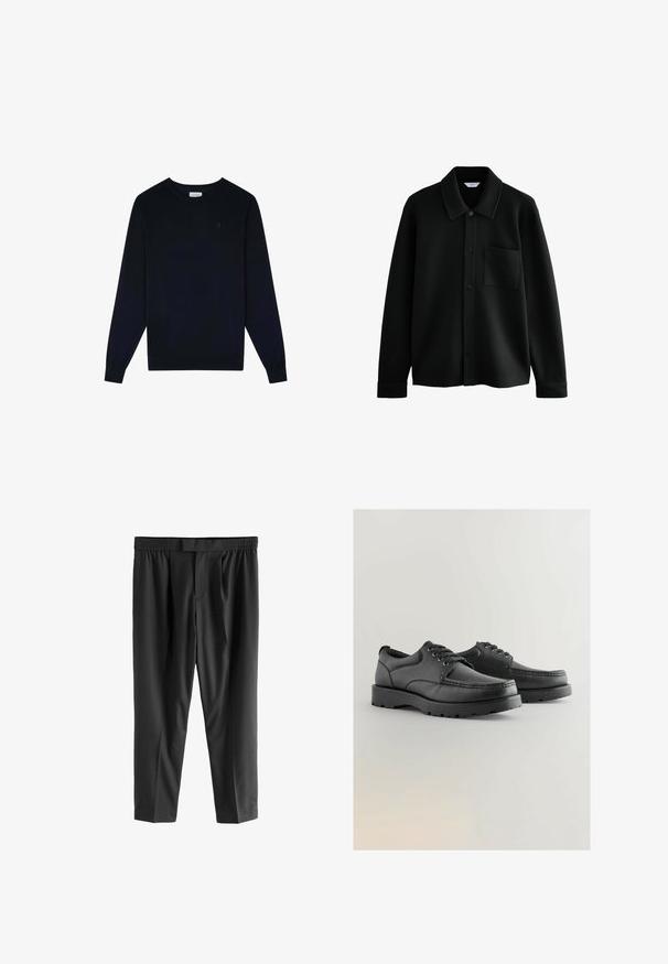 Next REGULAR FIT - DIAGONAL TEXTURE - Giacca leggera - black; Scalpers CLASSIC ROUND NECK - Felpa - navy; Next REGULAR FIT -CHECK SMART - Chino - black; Scarpe in pelle nera con tomaia texturizzata, punta tonda, design con lacci e suole spesse in gomma con un motivo di battistrada.