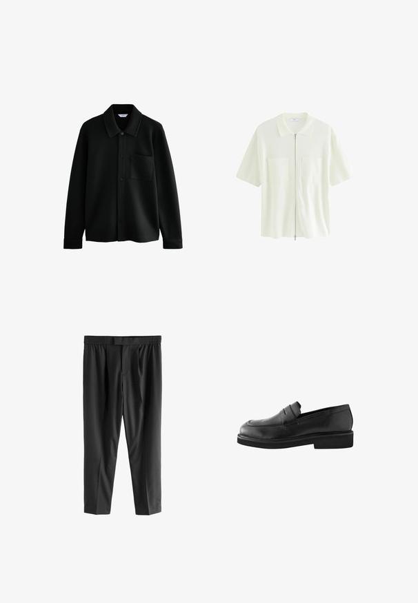 Next REGULAR FIT - DIAGONAL TEXTURE - Leichte Jacke - black; Kurzärmliges, weißes Kapuzenshirt aus strukturiertem Stoff mit Kragen und zwei Vordertaschen mit quadratischen Klappen.; Next REGULAR FIT -CHECK SMART - Chino - black; Next EDIT CHUNKY REGULAR FIT - Slipper - black