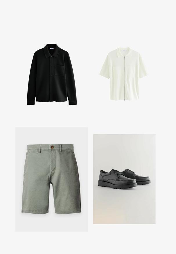 Next REGULAR FIT - DIAGONAL TEXTURE - Jachetă de vară - black; Cămașă albă cu mânecă scurtă și fermoar, realizată dintr-un material texturat, având un guler și două buzunare frontale cu clapete pătrate.; Pantaloni scurți de culoare verde deschis, dintr-un amestec de bumbac, cu închidere prin buton frontal, bucle pentru curea și design plat în față. Textură netedă, până la genunchi.; Pantofi din piele neagră cu un superior texturat, vârf rotund, design cu șireturi și talpă groasă din cauciuc cu un model de profil.