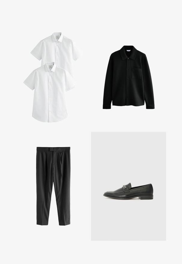 Next REGULAR FIT - DIAGONAL TEXTURE - Skraistė - black; Balti trumpa rankovėmis marškiniai dviejuose pakuotėse, su mygtukais prisisegamu apykakle ir lygiu medvilninio audinio tekstūra, skirti kasdieniam dėvėjimui.; Next REGULAR FIT -CHECK SMART - Chino stiliaus kelnės - black; Juodos odinės loafer tipo bateliai su lygiu paviršiumi, turintys siuvinėtą dizainą ir dekoratyvų metalo grandinėlės akcentą ant batų viršaus. Plokščias kulnas.