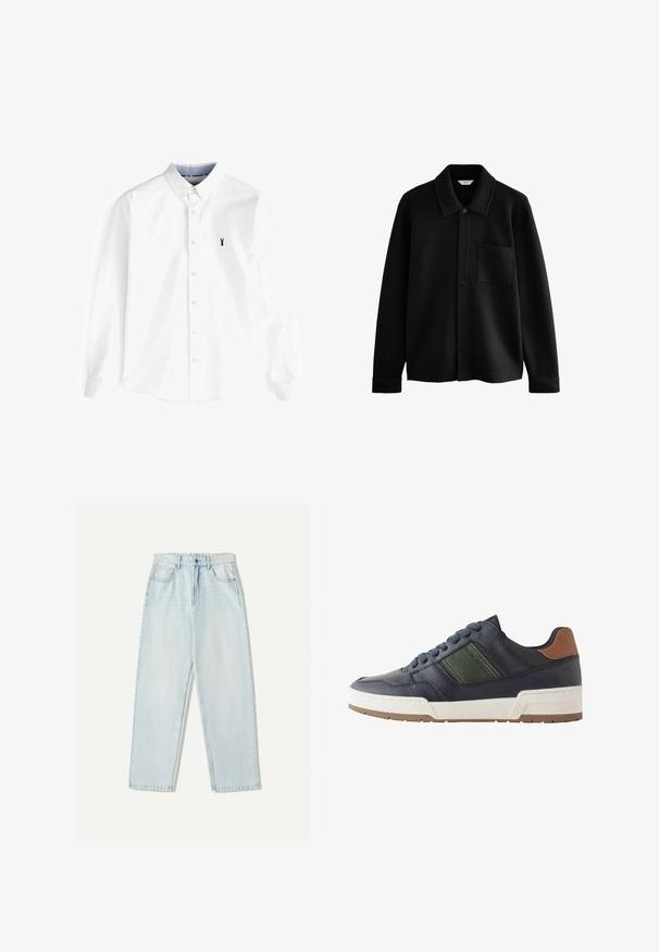 Next REGULAR FIT - DIAGONAL TEXTURE - Veste légère - black; Chemise blanche à manches longues en coton, avec un col button-down, une patte de boutonnage à l'avant et un petit logo de homard bleu marine sur la poitrine.; Jeans en denim bleu clair avec une coupe décontractée, un design à jambe droite, un style à cinq poches et une légère décoloration sur le tissu.; Baskets en cuir bleu marine avec une bande d'accent verte, semelle intermédiaire blanche et languette de talon marron. Caractéristiques d'un bout arrondi et d'une semelle extérieure en caoutchouc texturé.