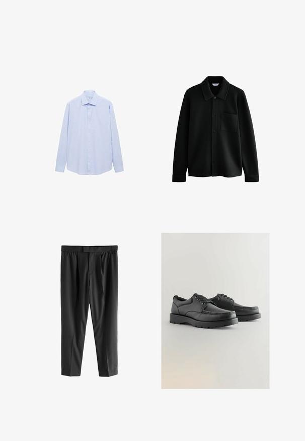 Next REGULAR FIT - DIAGONAL TEXTURE - Letná bunda - black; Svetlomodrá košeľa s dlhým rukávom vyrobená z tkaniny, s klasickým golierom a plným zapínaním na gombíky, s rovnakým strihom a bez vzorov.; Next REGULAR FIT -CHECK SMART - Nohavice chinos - black; Čierne kožené topánky s textúrovaným zvrškom, okrúhlou špičkou, šnurovacími topánkami a hrubými gumovými podrážkami s dezénom.