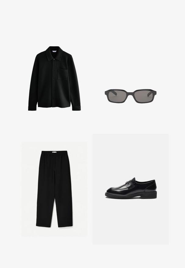 Next REGULAR FIT - DIAGONAL TEXTURE - Lehká bunda - black; PULL&BEAR JOIN LIFE - Jednoduché tričko - black; Černé kalhoty s širokými nohavicemi vyrobené z lehkého materiálu. Mají elastický pas a hladkou texturu. Bez viditelných vzorů nebo kovových detailů.; Zign LEATHER - Elegantní nazouvací boty - black; Černé obdélníkové sluneční brýle s tmavě šedými skly, s masivním plastovým rámem a hladkým povrchem. Žádné viditelné logo.