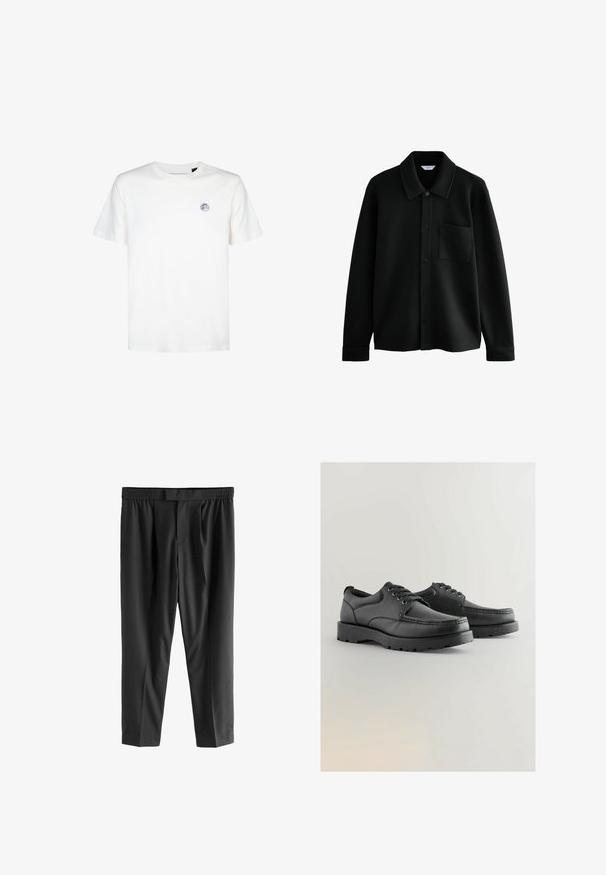 Next REGULAR FIT - DIAGONAL TEXTURE - Suvejakk - black; Valge puuvillane t-särk ümmarguse kaelaauguga ja lühikeste varrukatega. Sellel on väike ringikujuline logo vasakus ülanurgas.; Next REGULAR FIT -CHECK SMART - Chino-püksid - black; Mustad nahast kingad tekstuuriga ülemise osa, ümmargune varvas, paelkinnitusega disain ja paksud kummist tallad, millel on pidurdamise muster.