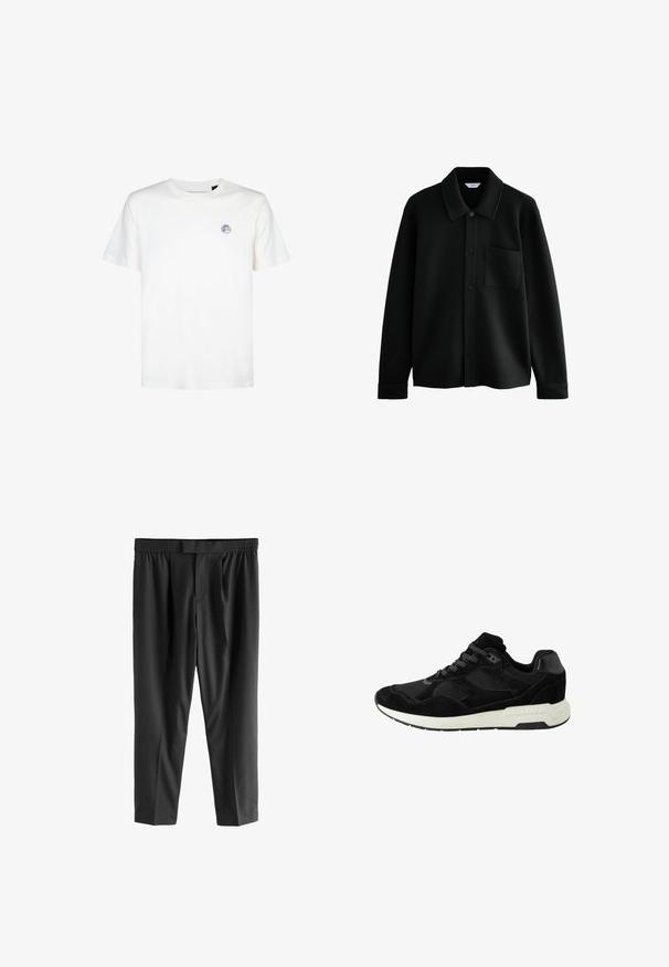 Next REGULAR FIT - DIAGONAL TEXTURE - Giacca leggera - black; T-shirt bianca in cotone con scollatura rotonda e maniche corte. Presenta un piccolo logo circolare nella parte superiore sinistra del petto.; Next REGULAR FIT -CHECK SMART - Chino - black; Scarpa atletica nera in suede e mesh, con punta rotonda, chiusura con lacci e suola in gomma bianca con dettagli testurizzati.