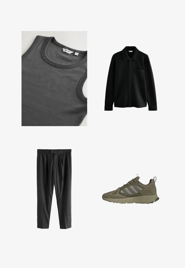 Next REGULAR FIT  czarny; Ciemnoszara, żebrowana, bezrękawnik z okrągłym dekoltem i widoczną metką na kołnierzyku.; Next REGULAR FIT czarny; Oliwkowy but sportowy z teksturowaną cholewką, siateczkowymi panelami i trzema białymi paskami. Zaokrąglona podeszwa z wzorem zapewniającym przyczepność.