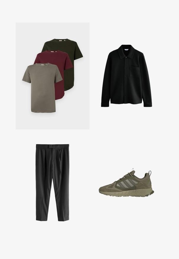 Next REGULAR FIT - DIAGONAL TEXTURE - Skraistė - black; Tris trumpų rankovių marškinėlių alyvuogių žalia, burgundiška ir pilka spalvomis, pagaminti iš švelnaus medvilnės, su apvaliu kaklu ir laisvu siluetu.; Next REGULAR FIT -CHECK SMART - Chino stiliaus kelnės - black; Alyvuogių spalvos sportiniai bateliai, turintys tekstūruotą viršutinę dalį, tinklines dalis ir tris baltas juosteles. Suapvalintas padas su sukibimo raštu.