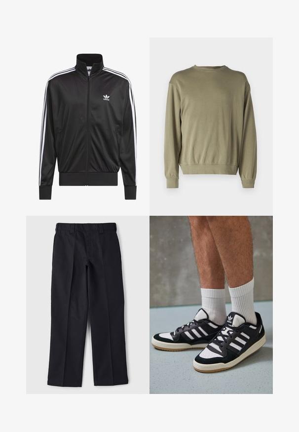 Fekete poliészter zipzáros dzseki magas gallérral, fehér háromsávos mintázattal az ujjak mentén, és kisméretű fehér Adidas logóval a bal mellrészen.; Olíva zöld, hosszú ujjú pulóver puha pamut keverékből. Kerek nyakkivágása és bordázott mandzsettái vannak, laza szabású.; Fekete nadrág, tartós anyagból készült, egyenes szabású dizájnnal, övvel ellátott derékrésszel, látható zsebek vagy díszítések nélkül.; Fekete-fehér tornacipők velúr és bőr felsőrésszel, három fehér csíkkal, perforált orral és gumi talppal.