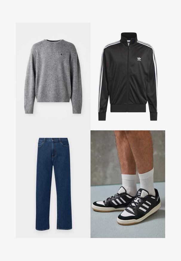 Crna poliester jakna s patentnim zatvaračem i visokim ovratnikom, bijeli dizajn s tri pruge duž rukava i mali bijeli Adidas logo na lijevoj strani prsnog koša.; Sivi pleteni pulover s okruglim izrezom, rebrastim manžetama i obrubom te malim logom na prsima. Mekana tekstura i opušteni kroj.; Tamno plave traperice ravnog kroja s prednjim džepovima i kopčanjem na dugme, prikazane na jednostavnoj bijeloj pozadini.; Crne i bijele tenisice s gornjim dijelom od antilopa i kože, s tri bijele pruge, perforiranim prstom i gumiranim potplatom.