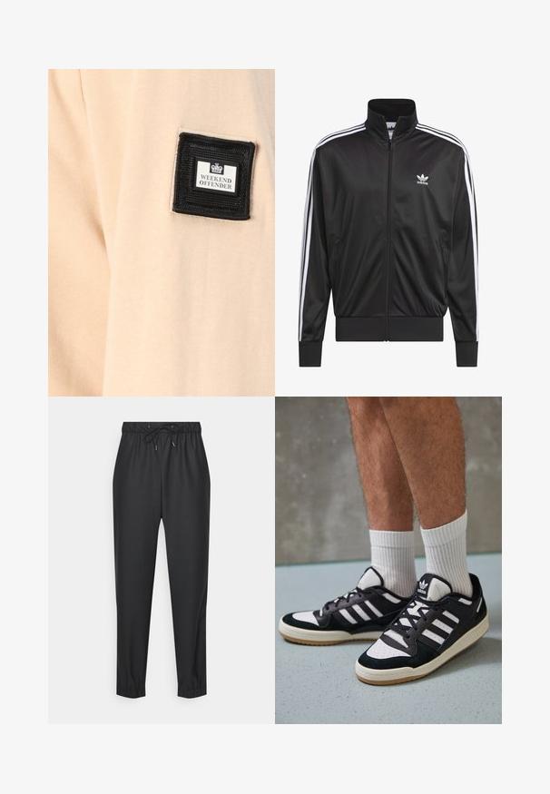Veste zippée en polyester noir avec col montant, design à trois rayures blanches le long des manches et petit logo Adidas blanc sur la poitrine gauche.; Tissu beige au toucher doux, comportant un patch carré noir avec l'inscription "WEEKEND OFFENDER" et un logo blanc.; Pantalon de jogging noir en matériau doux et extensible. Dispose d'une taille élastique avec cordon de serrage, de jambes fuselées et de poignets aux chevilles.; Baskets noir et blanc avec une tige en suède et cuir, comportant trois rayures blanches, un bout perforé et une semelle en caoutchouc gum.