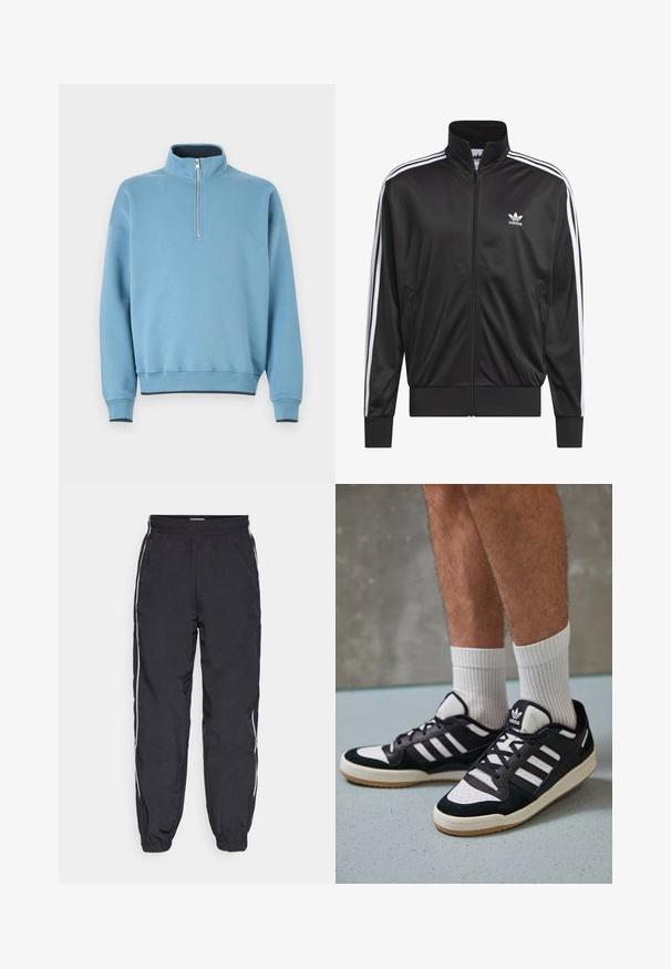 Black polyester zip-up jacket with high collar, white three-stripe design along sleeves, and small white Adidas logo on left chest.; Light blue sweatshirt with a high collar, half-zip front, and ribbed cuffs. Soft fabric, relaxed fit, and contrasting dark hem details.; Black track pants made of lightweight fabric, featuring an elastic waistband, tapered legs, and white side stripes.; Black and white sneakers with a suede and leather upper, featuring three white stripes, a perforated toe, and a gum rubber sole.