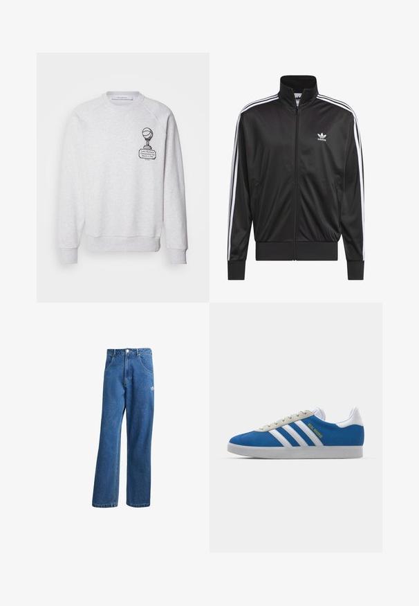 Crna poliester jakna s patentnim zatvaračem i visokim ovratnikom, bijeli dizajn s tri pruge duž rukava i mali bijeli Adidas logo na lijevoj strani prsnog koša.; Les Deux TOURNAMENT - Sportska majica - grey; Plave farmerke visokog struka sa širokim nogavicama, prednjim džepovima, petljama za remen, zatvaranjem na dugme i malim Adidas logotipom na desnom bedrima.; adidas Originals ADIDAS GAZELLE SHOES - Dvoranske nogometne kopačke - real madrid/bluebird/footwear white/crew yellow