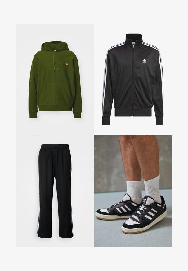 Giacca nera in poliestere con zip e collo alto, design a tre strisce bianche lungo le maniche e piccolo logo Adidas bianco sul lato sinistro del petto.; Felpa verde in misto cotone, con tasca a kangaroo, cappuccio regolabile con coulisse e logo ricamato sul petto.; Pantaloni da allenamento neri con elastico in vita, dotati di bande laterali bianche e un piccolo logo. Il materiale sembra morbido e leggero.; Sneaker bianco e nero con tomaia in suede e pelle, caratterizzati da tre strisce bianche, punta perforata e suola in gomma naturale.