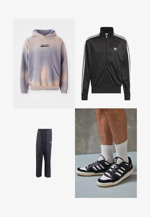 Svart polyester zip-up jakke med høy krage, hvit tre-stripesdesign langs ermene, og liten hvit Adidas-logo på venstre bryst.; Hettegenser i lilla og fersken gradient, laget av myk stoff. Har en lommepung foran og logodetaljer i svart på brystet.; Svarte treningsbukser med leopardmønster, har en hvit tre-stripesdesign og en logo fra et atletisk merke på siden.; Sorte og hvite sneakers med overdel i semsket skinn og lær, med tre hvite striper, perforert tå og en såle av gummi.