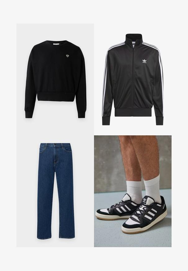 Svart polyester zip-up jacka med hög krage, vit tre-stripes design längs ärmarna, och liten vit Adidas-logga på vänster bröst.; Svart kortad sweatshirt med rund hals, långa ärmar och en liten broderad logotyp på bröstet, tillverkad av en mjuk bomullsblandning.; Mörkblå raka denimjeans med framfickor och knappstängning, visade mot en enkel vit bakgrund.; Svartvita sneakers med ovandel i mocka och läder, med tre vita ränder, perforerad tå och sula av gummigummi.