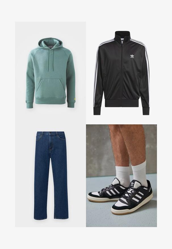 Jaqueta preta em poliéster com fecho, gola alta, design de três riscas brancas nas mangas e pequeno logótipo Adidas branco no lado esquerdo do peito.; Hoodie de algodão verde com um bolso canguru, capuz com cordão e punhos canelados. Apresenta um logo amarelo na manga esquerda.; Jeans de denim azul escuro, de perna reta, com bolsos frontais e fecho de botão, exibidos sobre um fundo branco liso.; Ténis em preto e branco com upper em camurça e couro, apresentando três riscas brancas, um toe perfurado e uma sola em borracha de goma.
