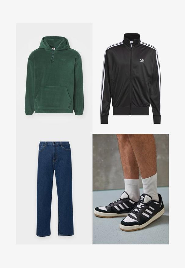 Melnas poliestera zip-up jaka ar augstu apkakli, baltu triju svītru dizainu gar piedurknēm un mazliet baltu Adidas logo kreisajā krūtī.; Tumši zaļš flīsa sudraba kapuce ar kangaru kabatu, elastīgām aprocēm, regulējamu kapuci ar auklu un izsistu logotipu uz krūtīm.; Tumši zilas taisnas kājas denim bikses ar priekšējām kabatām un pogu aizdari, izvietotas uz vienkārša baltā fona.; Melnas un baltas kedas ar zamša un ādas augšdaļu, kas aprīkotas ar trim baltām svītrām, perforētu purngali un gumijas zolēm.