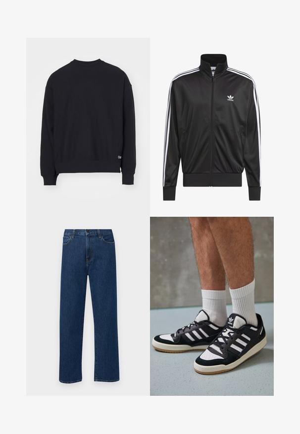 Juodas poliesterinis užtrauktukas su aukštu apykakle, baltos trijų juostelių dizainas palei rankoves ir mažas baltas Adidas logotipas kairiajame krūtinės pusėje.; Juoda džemperis su apvaliu kaklu, ilgomis rankovėmis, gumuotais rankogaliais ir apačia. Ant apatinės kairės pusės yra mažas baltas logotipas.; Tamsiai mėlynos tiesaus žandikaulio džinsai su priekinėmis kišenėmis ir mygtuko uždarymu, rodantys ant paprasto balto fono.; Juodos ir baltos sportinės bateliai su zomšiniu ir odiniu viršumi, su trimis baltomis juostelėmis, perforuota koja ir guminėmis padais.