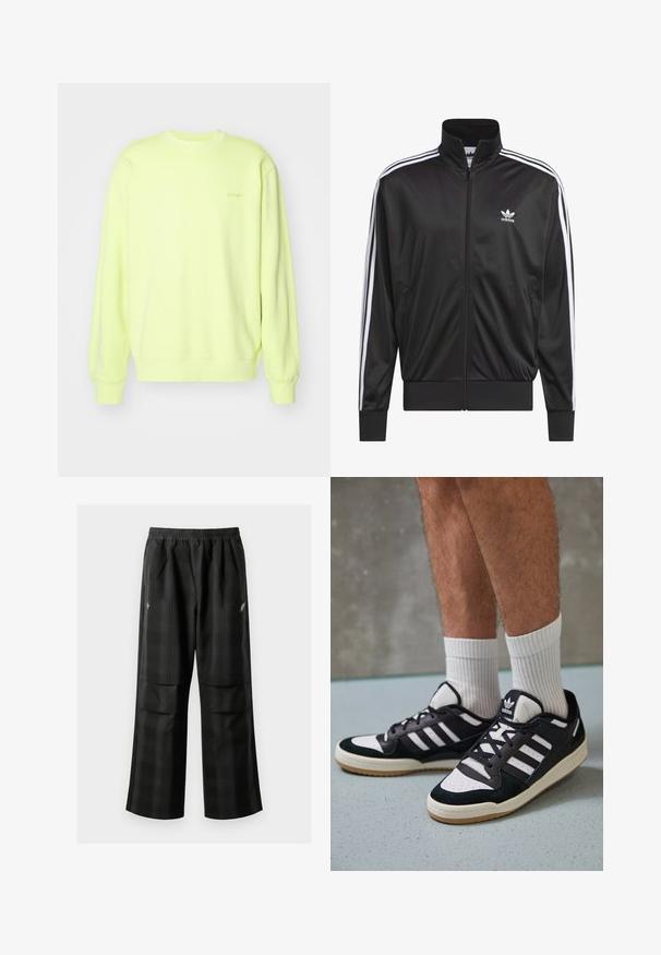 Zwarte polyester zip-up jas met hoge kraag, witte drie-strepen ontwerp langs de mouwen en klein wit Adidas-logo op de linkerbovenborst.; Heldere gele sweatshirt van zacht materiaal, met een ronde halslijn, lange mouwen en geribbelde boorden. Subtiele logo op de voorkant.; Zwarte geruite broek met een elastische tailleband, twee voorzakken en een losse pasvorm met een rechte pijpdesign. Gemaakt van lichtgewicht materiaal.; Zwart-witte sneakers met een bovenwerk van suede en leer, voorzien van drie witte strepen, een geperforeerde neus en een rubberen gumzool.