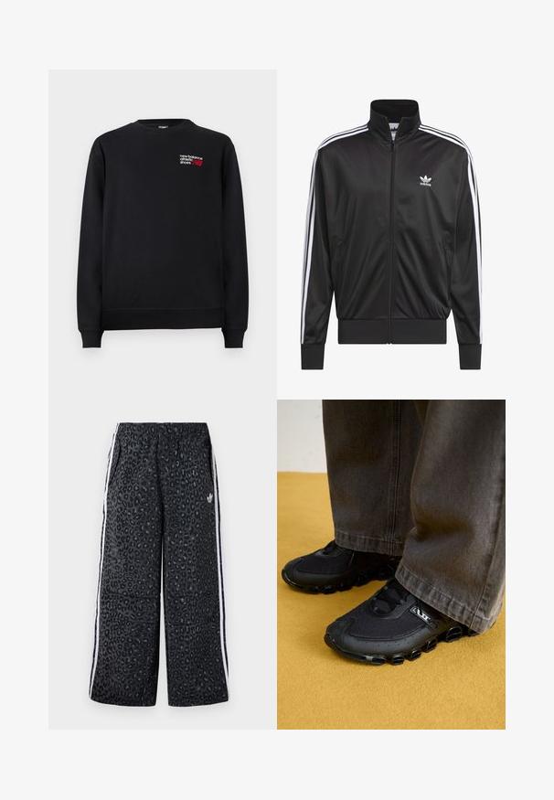 Jaqueta preta em poliéster com fecho, gola alta, design de três riscas brancas nas mangas e pequeno logótipo Adidas branco no lado esquerdo do peito.; Sweatshirt preto feito de uma mistura de algodão, com decote redondo, punhos canelados, e um pequeno logo "New Balance" vermelho e branco no peito.; adidas Originals GRAPHIC UNISEX - Calças de fato de treino - black; Ténis de corrida pretos com uma parte superior em malha, sola curva e acentos arredondados distintos. Combinados com calças escuras e largas.