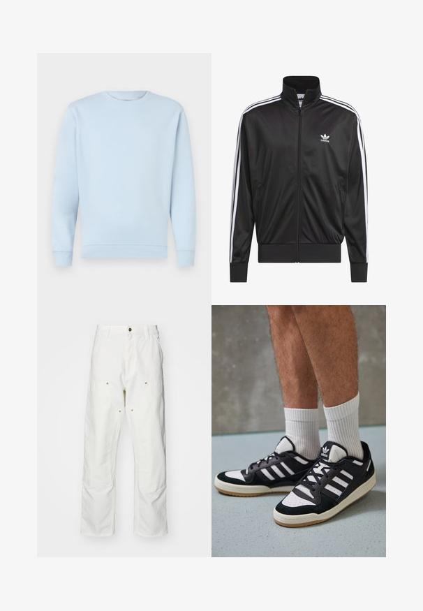 Schwarze Polyester-Jacke mit Reißverschluss und hohem Kragen, weißem Dreistreifen-Design an den Ärmeln und kleinem weißen Adidas-Logo auf der linken Brust.; Hellblaues Sweatshirt aus weichem Baumwollmaterial mit Rundhalsausschnitt, gerippten Bündchen und Saum. Glatte Textur, keine Muster oder Verzierungen.; Weiße Baumwoll-Cargohose mit lockerer Passform. Zu den Merkmalen gehören Fronttaschen, goldfarbene Hardware-Akzente und verstärkte Kniebereiche.; Schwarz-weiße Sneaker mit einem Obermaterial aus Wildleder und Leder, ausgestattet mit drei weißen Streifen, einer perforierten Zehenpartie und einer Sohle aus Gummi.