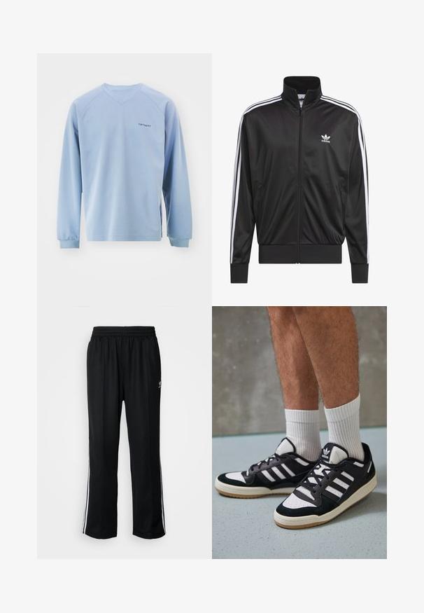 Mustad polüestrist tõmbluku jack, millel on kõrge krae, valge kolmest triibust koosnev disain varrukatel ja väike valge Adidas'i logo vasakul rinnal.; Heledad siniste varviga top, millel on V-kaelus, ribidega mansetid ja külgedel lõhed. Rinnal on diskreetne logo. Valmistatud pehmest kangast.; Mustad mustad spordipüksid elastse vöökohaga, millel on valged küljeread ja väike logo. Materjal tundub pehme ja kerge.; Mustvalged ja valged spordijalatsid, mille pealmine osa on valmistatud suede'ist ja nahast. Kingadel on kolm valget riba, auguline varvas ja kummist tald.
