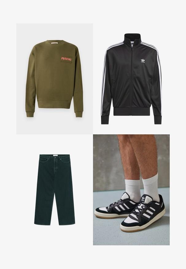 Svart polyester zip-up jacka med hög krage, vit tre-stripes design längs ärmarna, och liten vit Adidas-logga på vänster bröst.; Olivgrön sweatshirt i bomull med rund halsringning, ribbade ärmmuddar och en broderad applikation med "MARNI" i rött.; Mörkgröna vida denimjeans med knapp- och dragkedjestängning, framfickor och bälteshällor, liggande platt på en vit bakgrund.; Svartvita sneakers med ovandel i mocka och läder, med tre vita ränder, perforerad tå och sula av gummigummi.