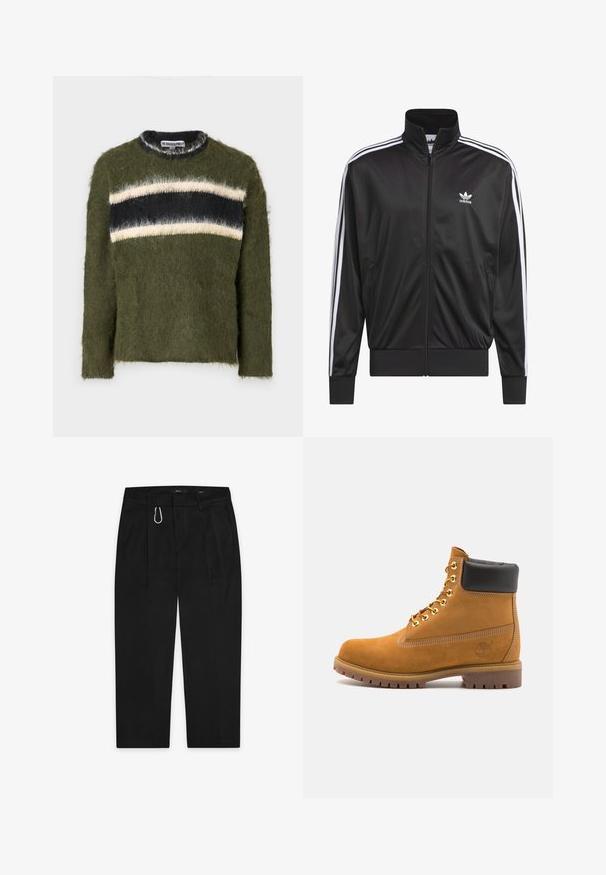 Black polyester zip-up jacket with high collar, white three-stripe design along sleeves, and small white Adidas logo on left chest.; The Ragged Priest COLLEGIATE JUMPER - Jumper - multi; Black trousers with a straight-leg design, featuring a silver metal carabiner clip and two side pockets. Made of smooth fabric.; Tan suede ankle boot with black padded collar, gold metal eyelets, white stitching detailing, and rugged rubber sole with pronounced treads.