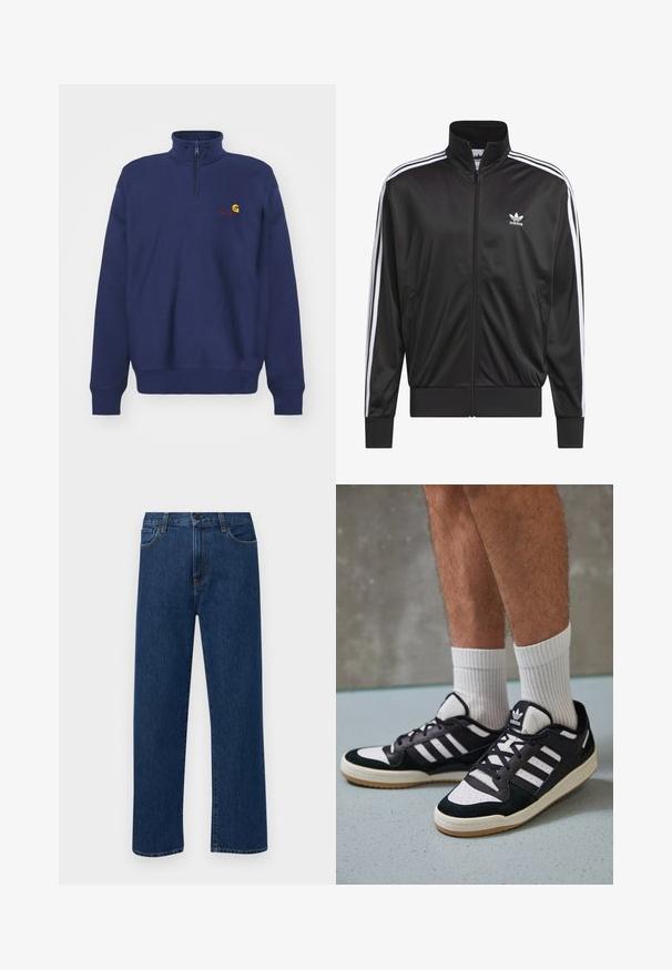 Chaqueta negra de poliéster con cremallera y alto cuello, diseño de tres rayas blancas a lo largo de las mangas y pequeño logo blanco de Adidas en el lado izquierdo del pecho.; Carhartt WIP HALF ZIP AMERICAN SCRIPT - Sudadera - air force blue; Jeans de denim de pierna recta en azul oscuro con bolsillos delanteros y cierre de botón, exhibidos sobre un fondo blanco liso.; Zapatillas en blanco y negro con parte superior de ante y cuero, que presentan tres franjas blancas, una puntera perforada y una suela de goma.