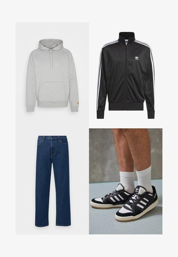 Jaqueta preta em poliéster com fecho, gola alta, design de três riscas brancas nas mangas e pequeno logótipo Adidas branco no lado esquerdo do peito.; Sweatshirt cinza com capuz, bolso tipo canguru, punhos e bainha canelados, apresentando um patch de logo na manga esquerda. Texture de tecido suave.; Jeans de denim azul escuro, de perna reta, com bolsos frontais e fecho de botão, exibidos sobre um fundo branco liso.; Ténis em preto e branco com upper em camurça e couro, apresentando três riscas brancas, um toe perfurado e uma sola em borracha de goma.
