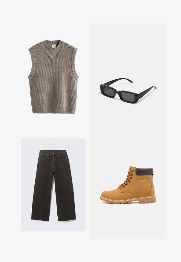 Čierna polyesterová bunda na zips s vysokým golierom, biely trojprúžkový dizajn pozdĺž rukávov a malé biele logo Adidas na ľavej hrudi.; Bezramenný béžový pletený sveter s ryhovanou textúrou, okrúhlym výstrihom a bočnými otvormi. Materiál vyzerá mäkko a elasticky.; Široké čierne deniminové džínsy majú vysoký pás, dizajn s piatimi vreckami a zapínanie na gombík. Tkanina má mäkký, textúrovaný povrch.; Svetlohnedé semišové členkové čižmy s čiernym vycpaným golierom, kovovými očkami a textúrovanou gumovou podrážkou. Na boku majú vyrazené logo.; Čierne obdĺžnikové slnečné okuliare s tmavými šošovkami, lesklým povrchom, širokými ramenami a robustným rámovým dizajnom. Vygravírované meno značky na jednom ramene.