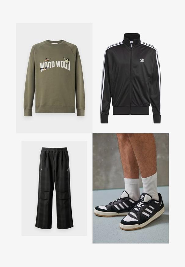 Fekete poliészter zipzáros dzseki magas gallérral, fehér háromsávos mintázattal az ujjak mentén, és kisméretű fehér Adidas logóval a bal mellrészen.; Olíva zöld pulóver kerek nyakkal és raglán ujjakkal. Hímzett pillangók és a "WOOD WOOD" felirat fehér színben.; Fekete kockás nadrág, rugalmas derékkal, két elülső zsebbel és laza, egyenes szárú fazonnal. Könnyű anyagból készült.; Fekete-fehér tornacipők velúr és bőr felsőrésszel, három fehér csíkkal, perforált orral és gumi talppal.
