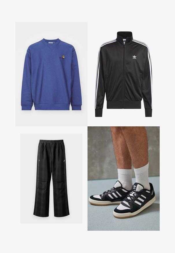 Jaqueta preta em poliéster com fecho, gola alta, design de três riscas brancas nas mangas e pequeno logótipo Adidas branco no lado esquerdo do peito.; Sweatshirt de polar azul com punhos e bainha canelados. Apresenta uma gola redonda e um pequeno logo bordado no peito. Textura suave.; Calças pretas em padrão xadrez com cintura elástica, dois bolsos frontais e um ajuste solto com design de perna reta. Feitas de material leve.; Ténis em preto e branco com upper em camurça e couro, apresentando três riscas brancas, um toe perfurado e uma sola em borracha de goma.