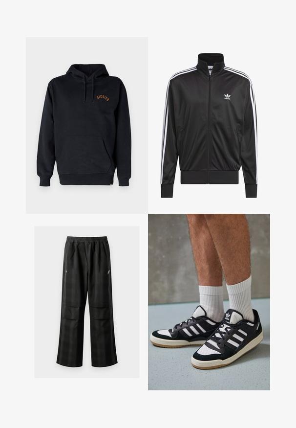 Chaqueta negra de poliéster con cremallera y alto cuello, diseño de tres rayas blancas a lo largo de las mangas y pequeño logo blanco de Adidas en el lado izquierdo del pecho.; Sudadera negra de algodón, con un bolsillo frontal, capucha con cordón y pequeño logo naranja "DICKIES" encima del bolsillo.; Pantalones de cuadros negros con cintura elástica, dos bolsillos frontales y un ajuste holgado con diseño de pierna recta. Fabricados en material ligero.; Zapatillas en blanco y negro con parte superior de ante y cuero, que presentan tres franjas blancas, una puntera perforada y una suela de goma.