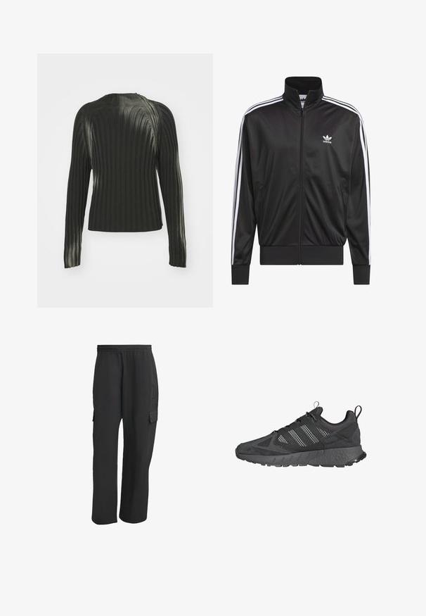 Musta polyesteristä valmistettu vetoketjullinen takki, jossa on korkea kaulus, valkoiset kolme raitaa hihoissa ja pieni valkoinen Adidas-logo vasemmassa rinnassa.; Mustikka raidallinen villapaita pitkähihaisilla, jossa on pyöreä pääntie ja teksturoitu kuvio koko kankaassa. Yksinkertainen ja istuva malli.; Mustat cargo-housut, joissa on elastinen vyötärö, sivutaskut, vapaa istuvuus ja teksturoitu kangas. Suunniteltu mukavuutta ja käytännöllisyyttä varten.; Mustat urheilukengät, joissa on verkko- ja nupukkipintä, teksturoitu kumipohja, pehmustettu nilkkaosa ja erottuva kolmistripesuunnittelu harmaana.