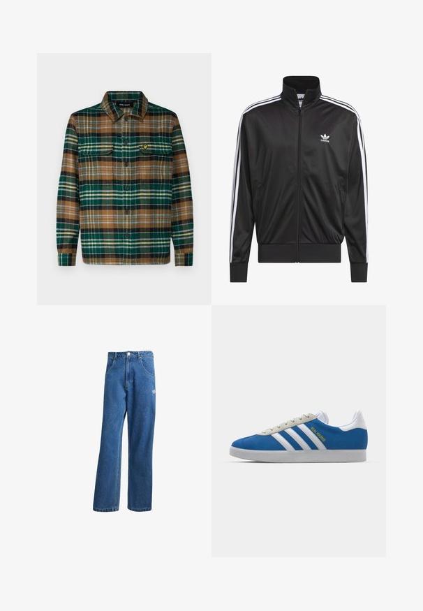 Veste zippée en polyester noir avec col montant, design à trois rayures blanches le long des manches et petit logo Adidas blanc sur la poitrine gauche.; Chemise en flanelle à carreaux dans des tons de vert, marron et noir, avec un devant boutonné, deux poches sur la poitrine et un petit logo brodé sur la poche gauche.; Jean en denim bleu taille haute, jambes larges, avec poches avant, passants de ceinture, fermeture à bouton et petit logo Adidas sur la cuisse droite.; adidas Originals ADIDAS GAZELLE SHOES - Chaussures de football en salle - real madrid/bluebird/footwear white/crew yellow