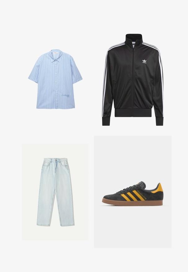 Giacca nera in poliestere con zip e collo alto, design a tre strisce bianche lungo le maniche e piccolo logo Adidas bianco sul lato sinistro del petto.; Camicetta a maniche corte con bottoni di colore azzurro chiaro con righe verticali bianche. Presenta un colletto classico e un sottile ricamo dettagliato all'orlo.; Jeans in denim azzurro chiaro con una vestibilità comoda, design a gamba dritta, stile a cinque tasche e leggere sfumature sul tessuto.; Sneaker in suede nero con dettagli gialli, dotato di tre strisce e una suola in gomma marrone. Include una linguetta imbottita per il comfort.