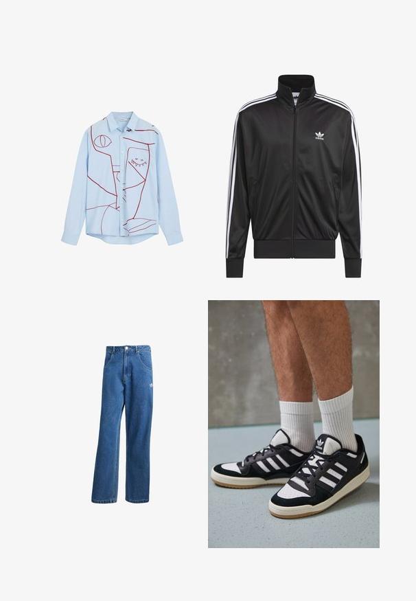 Giacca nera in poliestere con zip e collo alto, design a tre strisce bianche lungo le maniche e piccolo logo Adidas bianco sul lato sinistro del petto.; Camicia azzurro chiaro a maniche lunghe con colletto classico, caratterizzata da ricami astratti rossi, tra cui occhi e un design dentato.; Jeans di denim a vita alta e gamba larga blu, con tasche frontali, passanti per cintura, chiusura a bottone e piccolo logo Adidas sulla coscia destra.; Sneaker bianco e nero con tomaia in suede e pelle, caratterizzati da tre strisce bianche, punta perforata e suola in gomma naturale.