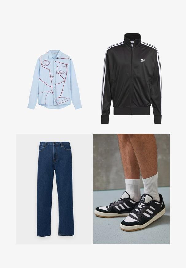 Giacca nera in poliestere con zip e collo alto, design a tre strisce bianche lungo le maniche e piccolo logo Adidas bianco sul lato sinistro del petto.; Camicia azzurro chiaro a maniche lunghe con colletto classico, caratterizzata da ricami astratti rossi, tra cui occhi e un design dentato.; Jeans in denim di un blu scuro a gamba dritta con tasche anteriori e chiusura con bottone, esposti su uno sfondo bianco semplice.; Sneaker bianco e nero con tomaia in suede e pelle, caratterizzati da tre strisce bianche, punta perforata e suola in gomma naturale.