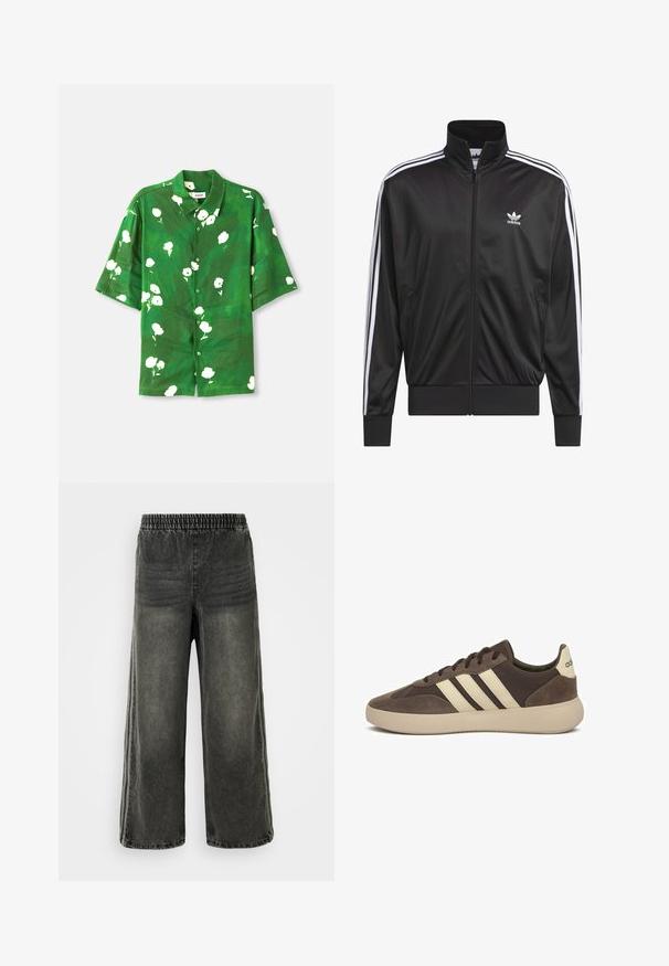 Zwarte polyester zip-up jas met hoge kraag, witte drie-strepen ontwerp langs de mouwen en klein wit Adidas-logo op de linkerbovenborst.; Korte mouwen knoop-shirt in groene stof met witte bloemprint, met een camp collar en een relaxte pasvorm. Gestructureerd, lichtgewicht materiaal.; Zwart gewassen denim broek met elastische tailleband en brede pijpen, met subtiele verticale naaddetails aan de zijkanten.; Bruine suède sneaker met drie witte strepen, afgeronde neus, dikke rubberen zool en minimale branding op de hiel.