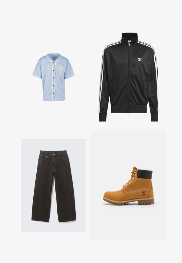 Černá polyesterová bunda na zip s vysokým límcem, bílý design tří pruhů podél rukávů a malé bílé logo Adidas na levé hrudi.; Světlomodrý baseballový dres vyrobený z hladké látky. Obsahuje bílý lem a vyšitý nápis "KARL KANI" na prsou tučným písmem, černé knoflíky.; Džíny s širokými nohavicemi černé barvy mají vysoký pas, design s pěti kapsami a zapínání na knoflíky. Tkanina má jemný a strukturovaný povrch.; Hnědá kožená kotníková bota s kovovými očka, bílou kožešinovou podšívkou, černým polstrovaným límcem, robustní podrážkou a raženým logem na boku.