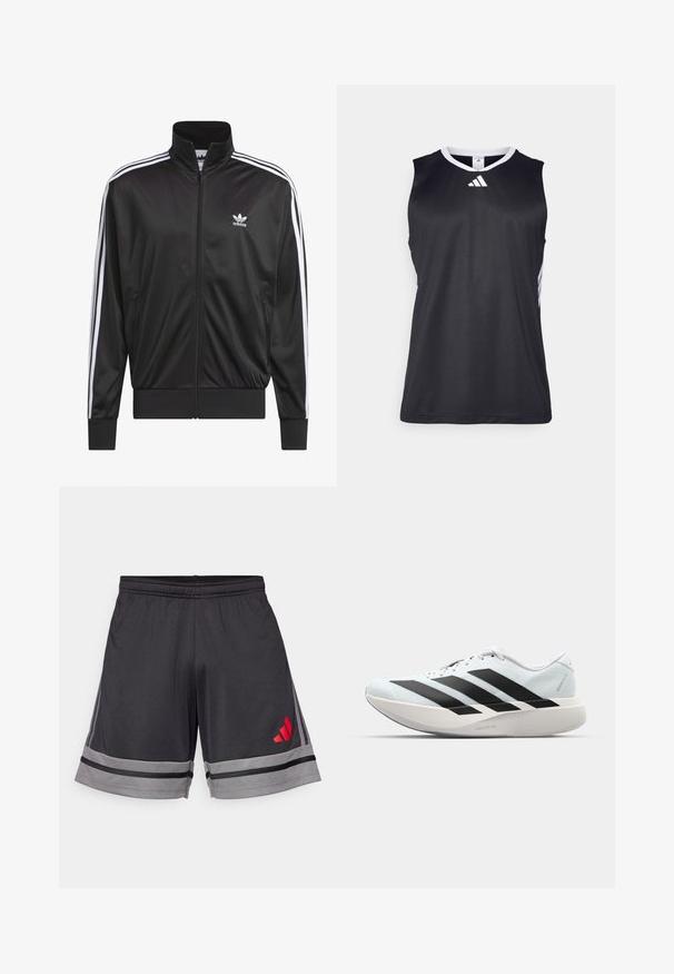 Fekete poliészter zipzáros dzseki magas gallérral, fehér háromsávos mintázattal az ujjak mentén, és kisméretű fehér Adidas logóval a bal mellrészen.; Fekete ujjatlan sportos tank felső V-nyakkal, fehér díszítéssel az oldalán és fehér Adidas logóval a mellkasán. Simább, nedvességet elvezető anyag.; Fekete sportnadrág könnyű szövetből, szürke csíkkal az alján és piros logóval a bal combon. Rugalmas derékrész.; Világoskék, fekete csíkos könnyű futószerek. Simább felső résszel, kerek orral és vastag fehér középtalppal, amelyen a "LIGHTSTRIKE PRO" felirat olvasható.