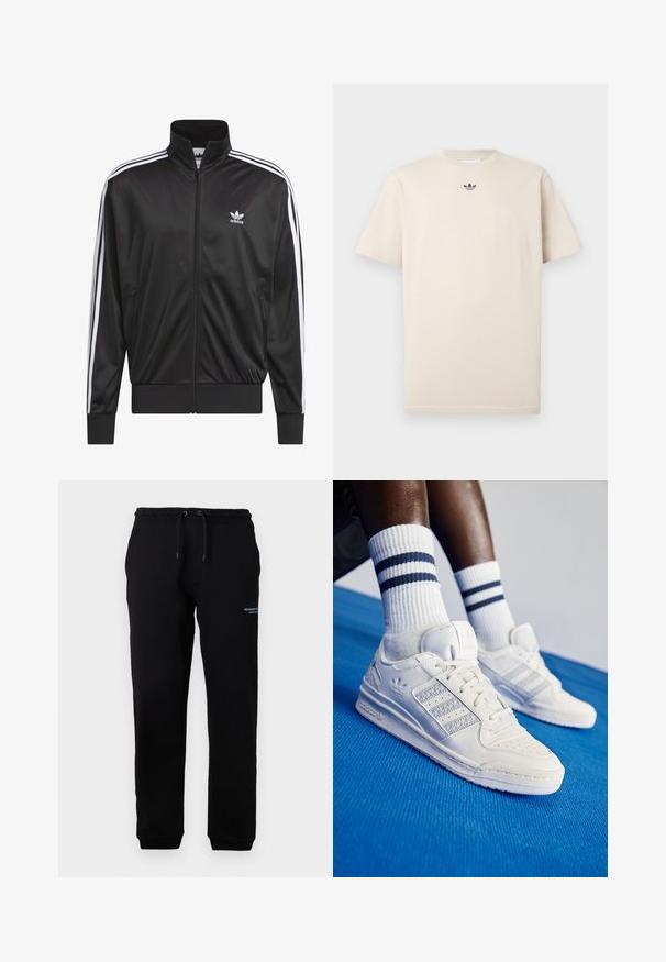 Mustad polüestrist tõmbluku jack, millel on kõrge krae, valge kolmest triibust koosnev disain varrukatel ja väike valge Adidas'i logo vasakul rinnal.; Beež puuvillane T-särk ringkraega, lühikeste varrukatega ja väike tumedat tooni logo rinnal. Sile tekstuur ja lõdva lõikega.; Mustad mustad püksid elastse vöökohaga ja nööriga, külgedel taskud ja väike trükitud logo vasakul reiel. Pehme kangas.; Valge nahast jooksujalatsid, millel on perforatsioonidega detailid, kolm metallilist triipu ja tekstureeritud külgpaneel. Kanna valgeid sokke, millel on sinised triibud.